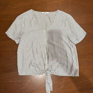 Madewell short sleeve tie waist vertical blue and white striped top